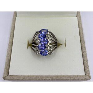 925 Silver Ring Size 7, Tanzanite, Purple-Blue Stones, Floral Cluster Silver